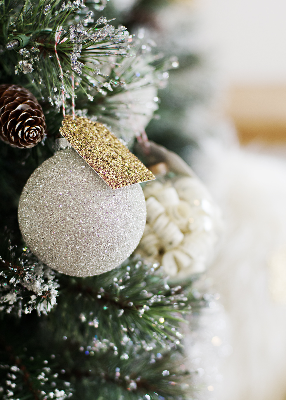 glitter ornament on flocked tree | brittanyMakes