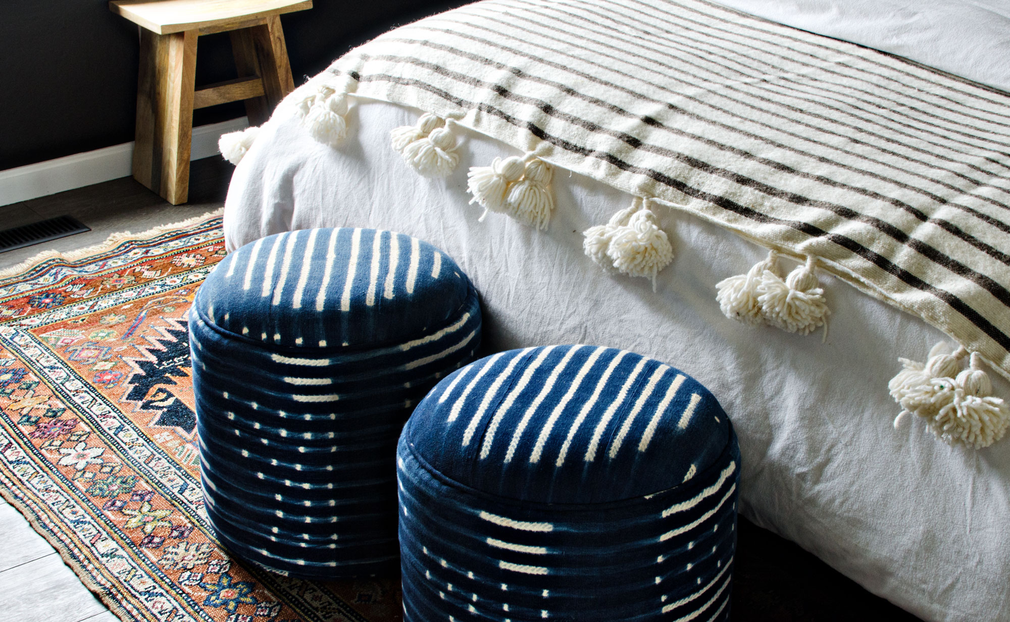 Vintage African Indigo Mud cloth Ottomans / the VINTAGE RUG shop