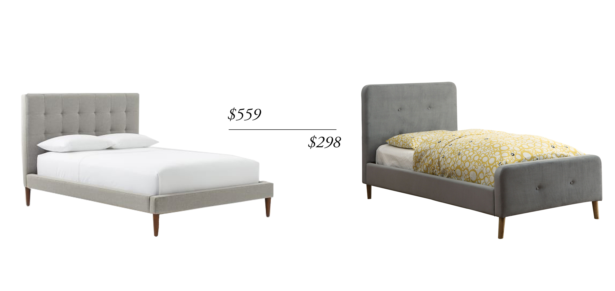 Modern big boy bed // gray tufted with tapered legs