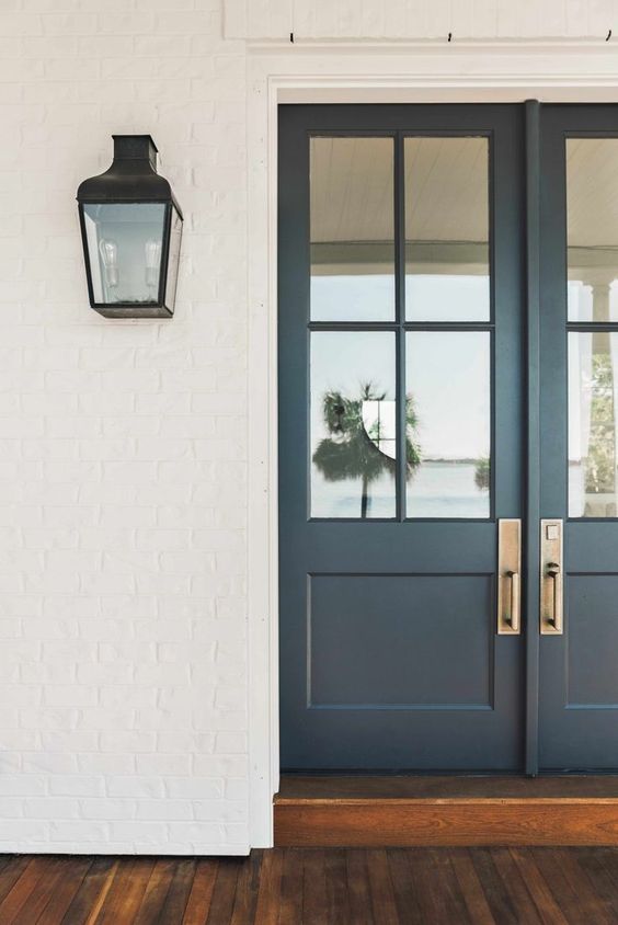 Modern farmhouse traditional blue gray front door 