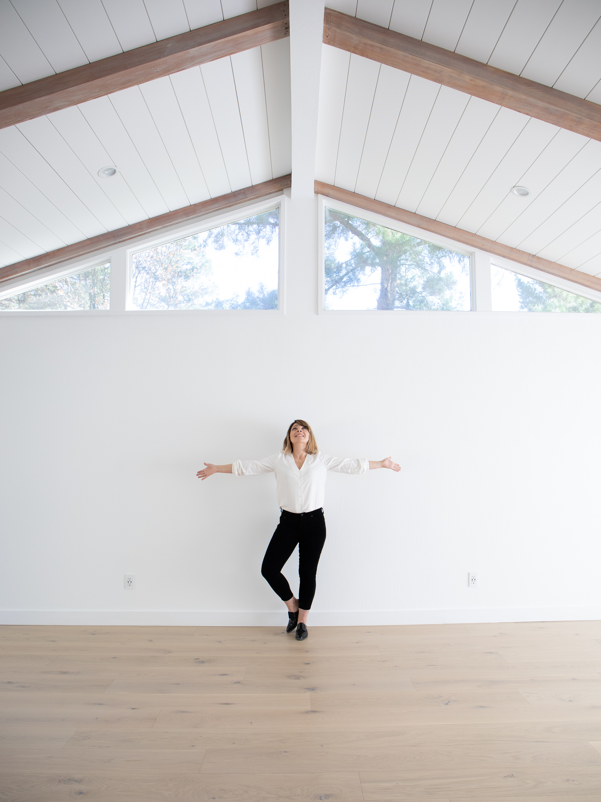 Vaulted ceiling, white shiplap ceiling paneling, master suite renovation